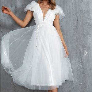 Leap Of Faith Frill Shoulder Tulle Midi Dress White